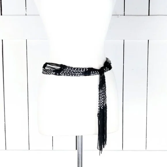 Vintage Accessories Black Beaded Crochet Fringe Belt Necklace